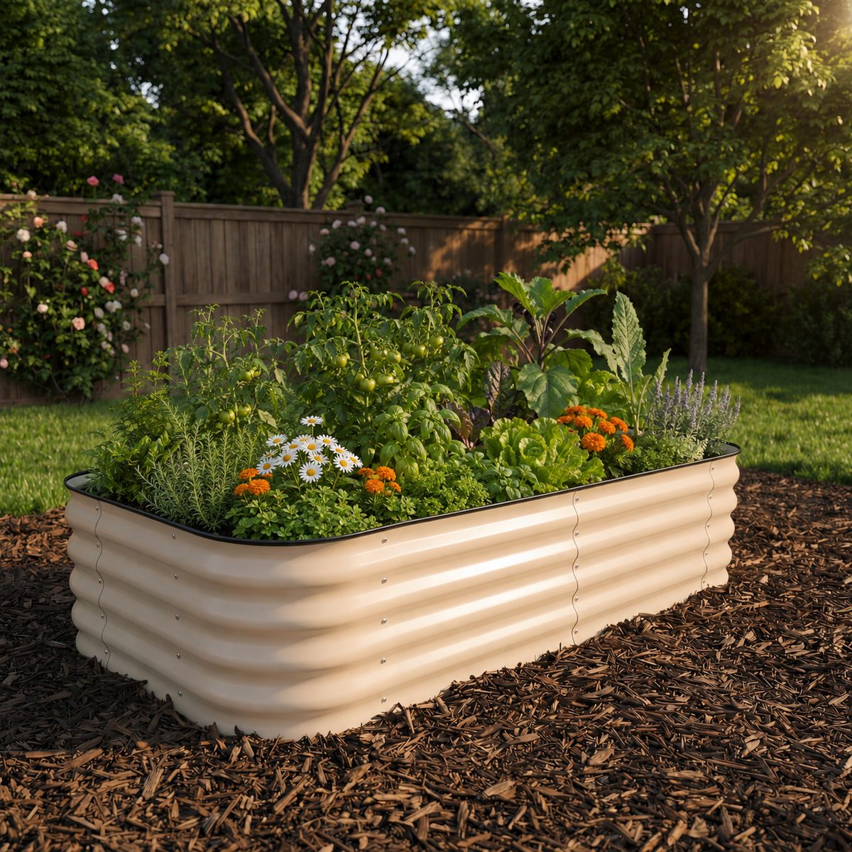 Cream corrugated metal raised bed, planted with tomatoes, lettuce, and flowers.