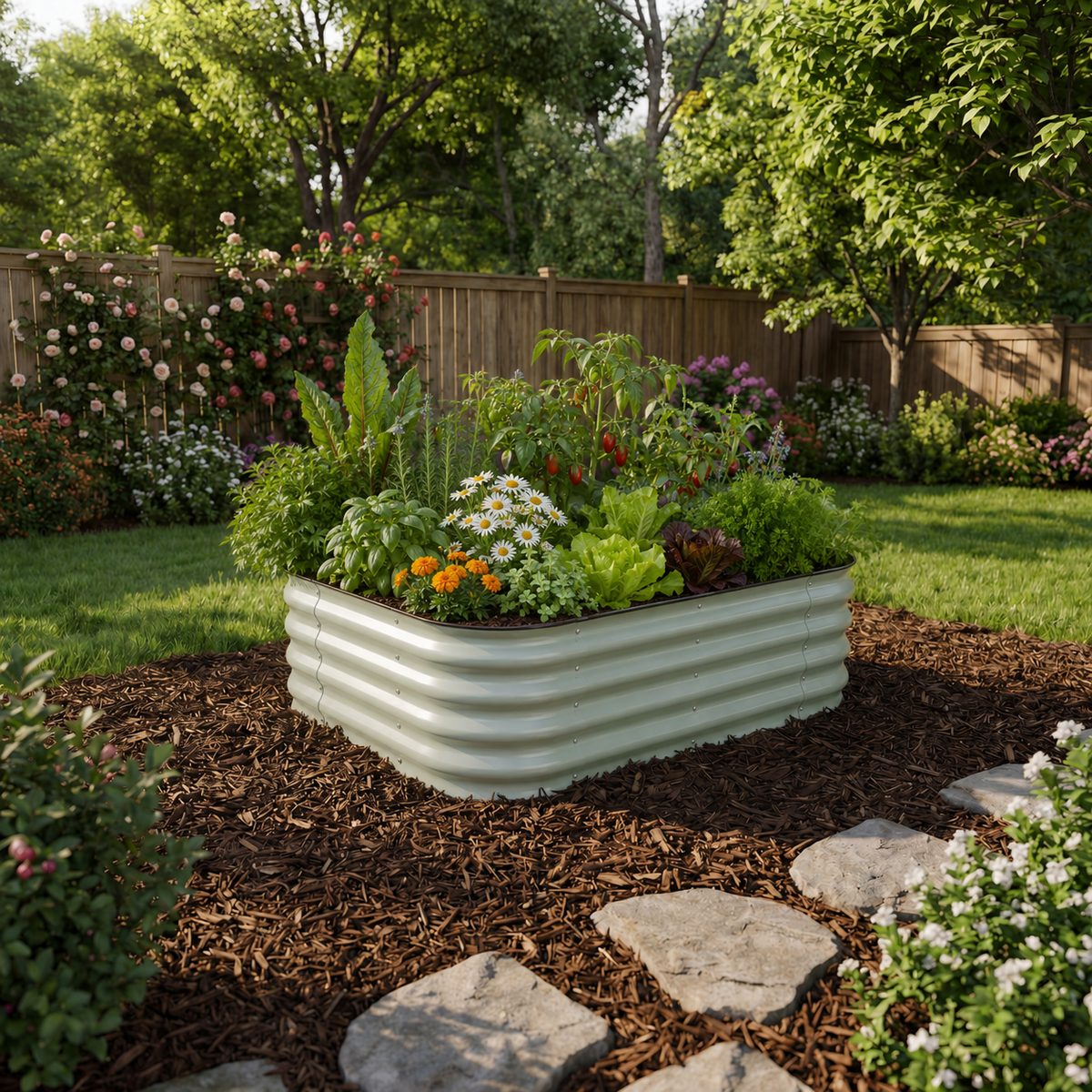 Pale green corrugated metal raised bed, planted with tomatoes, lettuce, and flowers.