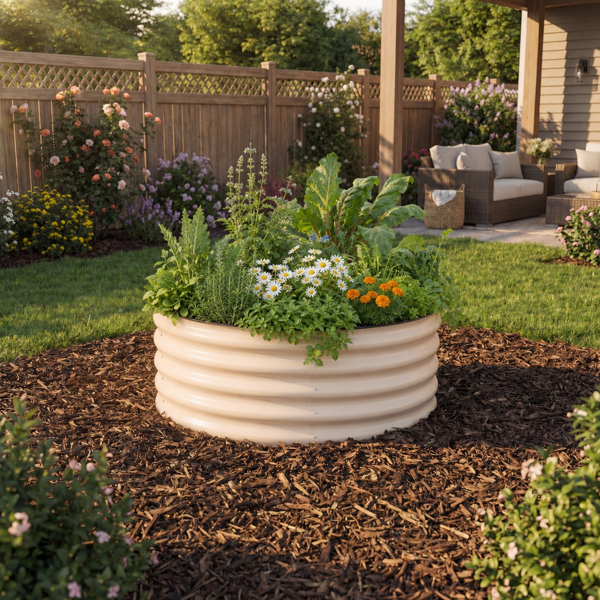 Round metal raised bed planted with vegetables and flowers.