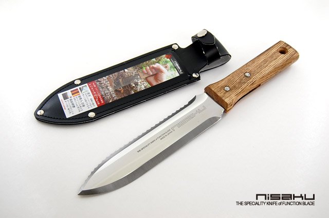 Nisaku stainless weeding knife with a wooden handle.
